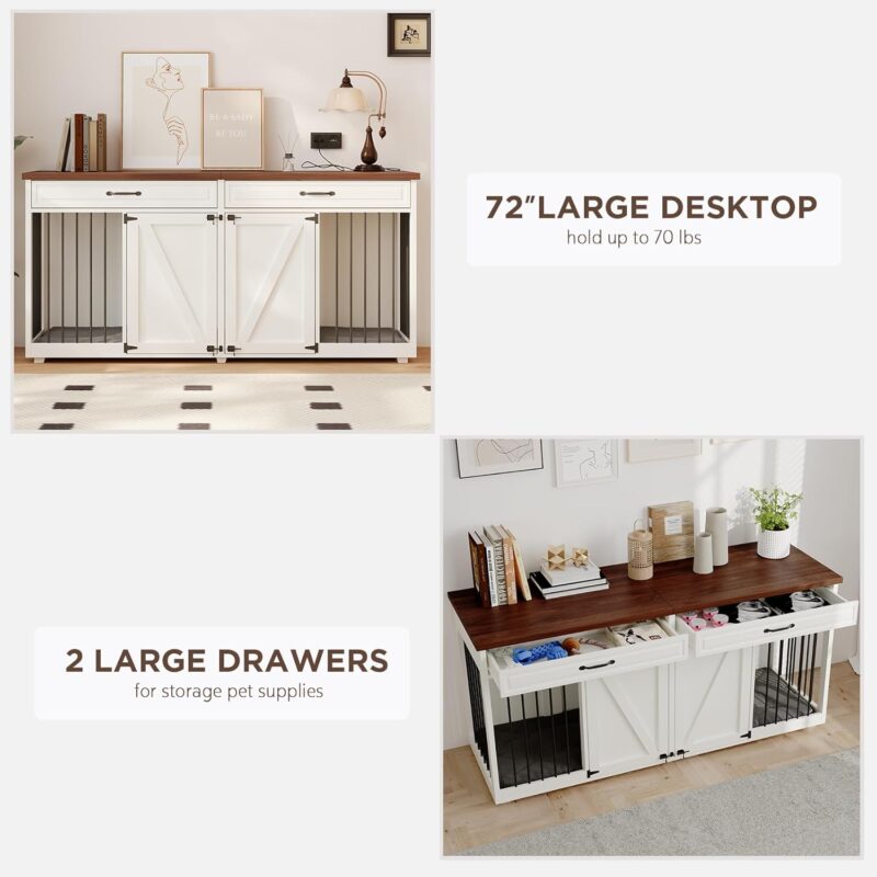 Dog Crate Furniture - Indoor Wooden Dog Kennel Furniture with 2 Drawers & Room Divider - 72"" L x 23.6"" W x 34"" H - White - Image 6