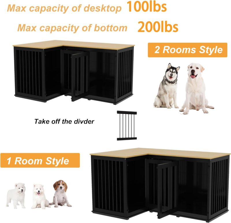 Lovinouse Corner Dog Crate Furniture for 2 Dogs, Indoor Wooden Furniture Style Heavy Duty Large Dog Kennel House with Double Rooms & Divider for Large & Medium Dogs, Black - Image 3