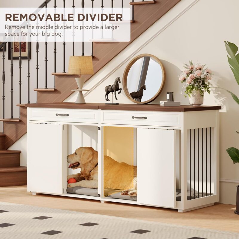 Dog Crate Furniture - Indoor Wooden Dog Kennel Furniture with 2 Drawers & Room Divider - 72"" L x 23.6"" W x 34"" H - White - Image 3