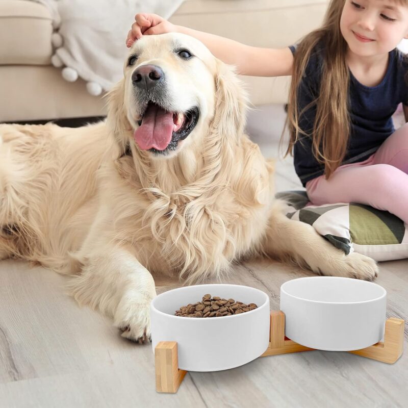 Ceramic Dog Bowl for Food and Water, Weighted Dog Bowls Set with Anti-Slip Wooden Stand, 400ml/14OZ Dog Dish Bowl Suitable for Small, medium and Large Sized Pets, White - Image 3