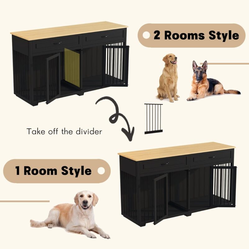 Lovinouse Furniture Style Dog Crate with Double Room, Wooden Dog Kennel with Double Doors and Removable Divider, Dog House Side End Table for Small Medium Large X-Large Dogs(Black + Wood) - Image 2