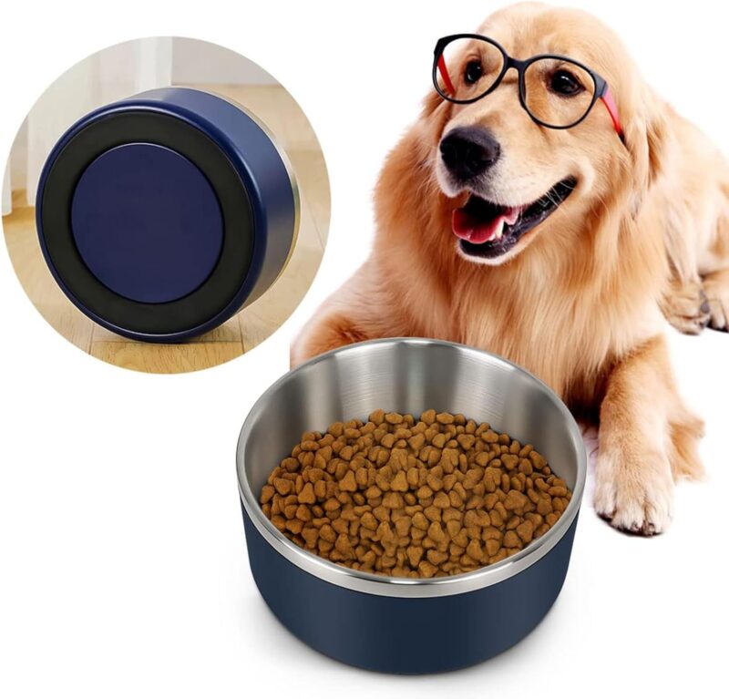 Dog Bowl for Food and Water, 64 Oz Stainless Steel Pet Feeding Bowl, Durable Non-Skid Double Wall Insulated Heavy Duty with Rubber Bottom for Medium Large Sized Dogs (64 Ounces/8 Cup, Blue)