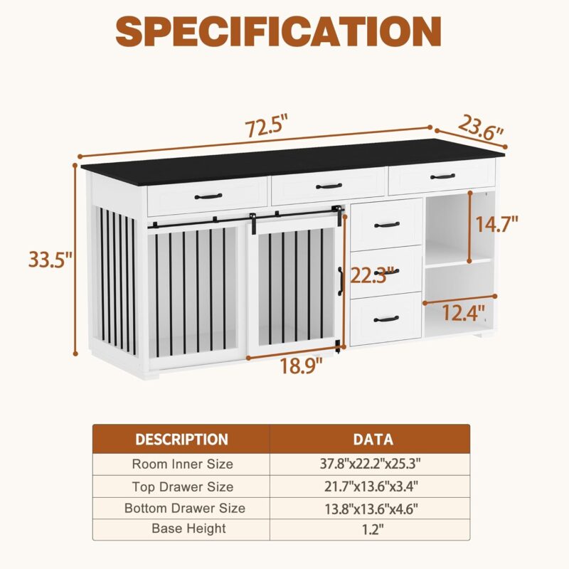 Extra Large Funiture Style Dog Crate with Drawers & Shelves, 72.5" Luxury Wooden Heavy Duty Single Room Dog Kennel Furniture w/Sliding Door, Indoor Dog House TV Stand, White - Image 3