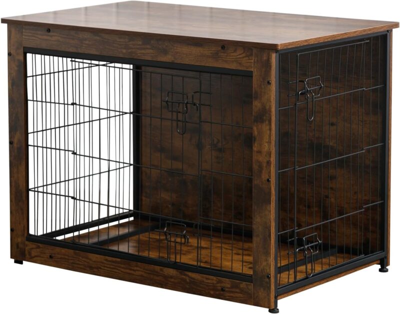 43” Dog Crate Furniture, Wooden Dog Kennel Indoor, Double Door Furniture Style Dog Cage with End Table, Removable Tray for Medium/Large Dogs