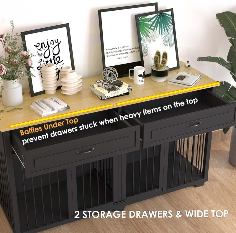 Lovinouse Furniture Style Dog Crate with Double Room, Wooden Dog Kennel with Double Doors and Removable Divider, Dog House Side End Table for Small Medium Large X-Large Dogs(Black + Wood) - Image 5