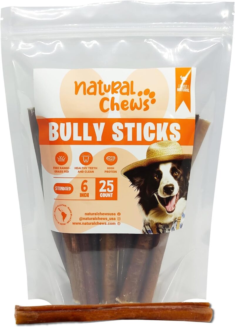 Dog Treats, 6 inch Standard Bully Sticks for Dogs, Fully Digestible 100% Beef Pizzle Single Ingredient, Long-Lasting Chews for Medium Dogs 6" (25 Pack)