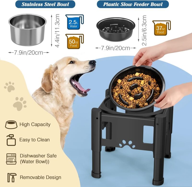 Elevated Dog Water Bowl No Spill, 80OZ/2.5L Large Capacity Raised Water Bowl for Dogs with Slow Feeder Dog Bowl, 3 Heights Adjustable Elevated Dog Slow Water Bowl for Small Medium Large Dogs - Image 5