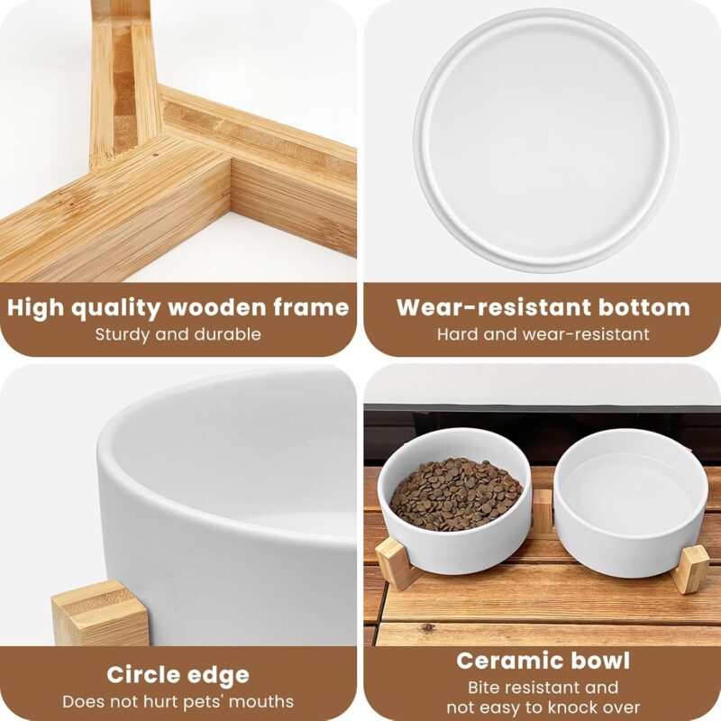 Ceramic Dog Bowl for Food and Water, Weighted Dog Bowls Set with Anti-Slip Wooden Stand, 400ml/14OZ Dog Dish Bowl Suitable for Small, medium and Large Sized Pets, White - Image 4