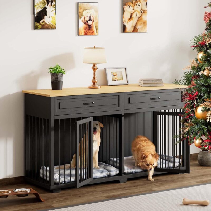 Lovinouse Furniture Style Dog Crate with Double Room, Wooden Dog Kennel with Double Doors and Removable Divider, Dog House Side End Table for Small Medium Large X-Large Dogs(Black + Wood) - Image 9