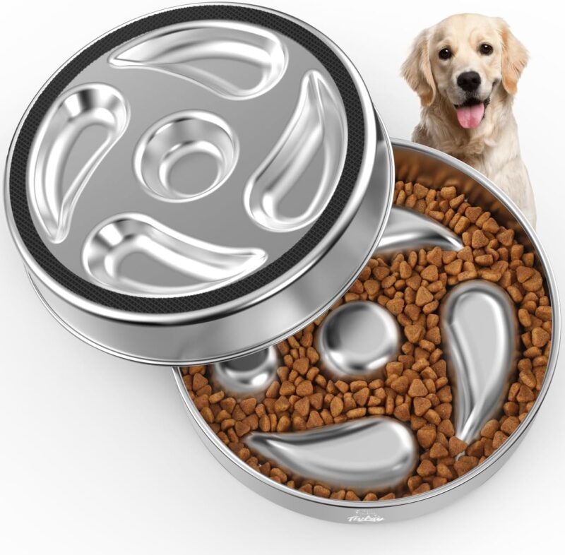 Slow Feeder Dog Bowls, 304 Stainless Steel Dog Slow Feeder Bowl 3.8 Cups Metal Dog Food Bowl with Non-Slip Bottom Anti Gulping Slow Eating Dog Bowl for Medium & Large Breed, Dishwasher Safe