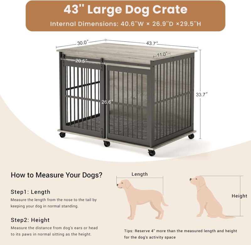 43.7'' Dog Crate Furniture with Cushion for Medium to Large Pets, Wooden Cage End Table, Heavy Duty Indoor Puppy Kennel with Flip-up Top and Sliding Door, Grey - Image 7