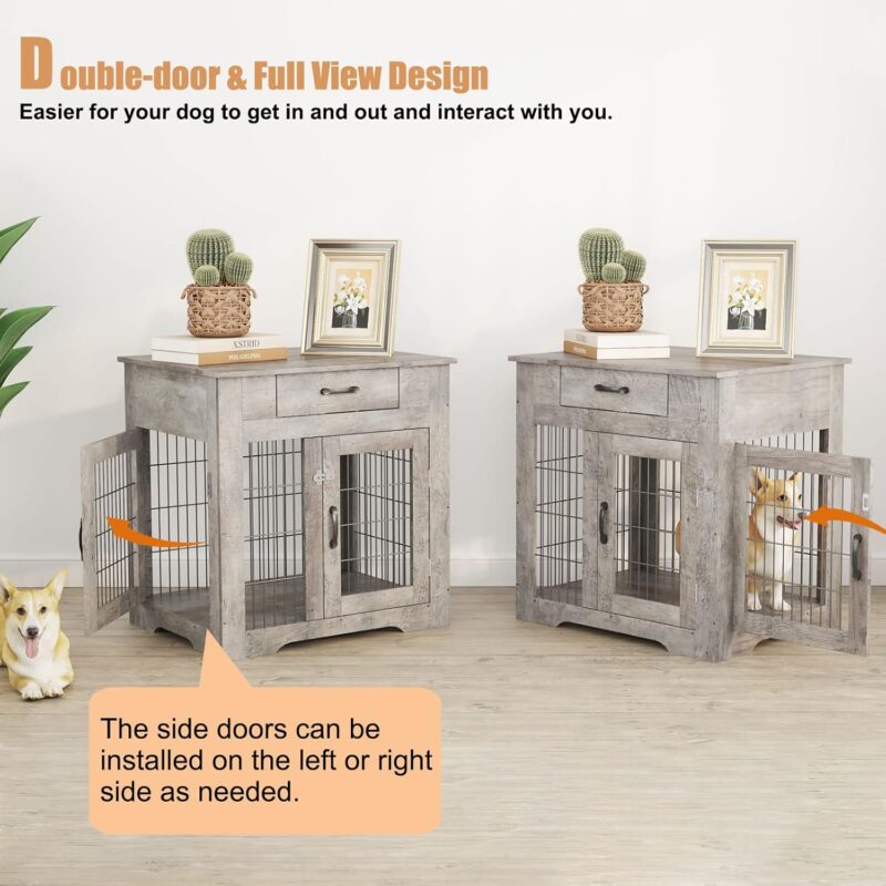 KIVENJAJA Furniture Style Dog Crate End Table for Small to Medium Dogs, Wooden Dog Kennel with Drawer & Double Doors, Decorative Dog House Pet Cage Indoor Use, Weathered Grey - Image 4