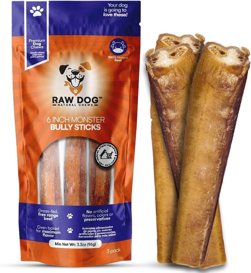 Raw Dog Bully Sticks All-Natural Dog Treats, 6 inch Monster Size, 3 pk, 100% Beef, Grass Fed, Non-GMO, Premium Odor Free Dog Chews, Bully Sticks for Large Dogs & Medium Dogs