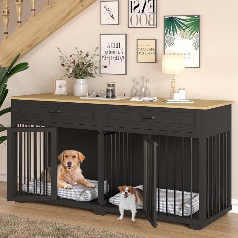 Lovinouse Furniture Style Dog Crate with Double Room, Wooden Dog Kennel with Double Doors and Removable Divider, Dog House Side End Table for Small Medium Large X-Large Dogs(Black + Wood)