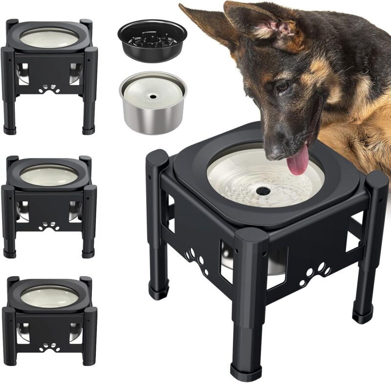 Elevated Dog Water Bowl No Spill, 80OZ/2.5L Large Capacity Raised Water Bowl for Dogs with Slow Feeder Dog Bowl, 3 Heights Adjustable Elevated Dog Slow Water Bowl for Small Medium Large Dogs