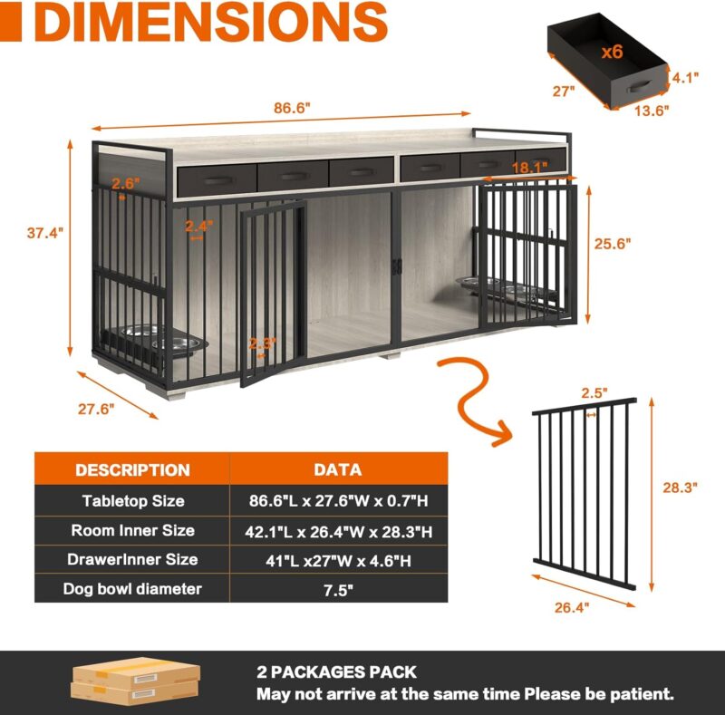 Double Dog Crate Furniture for 2 Dogs,86.6 inch Extra Large Metal Heavy Duty Dog Crate Kennel Furniture with 6 Drawers,Removable Divider and Adjustable Bowls,Chew-Resistant Dog Crate Indoor - Image 2