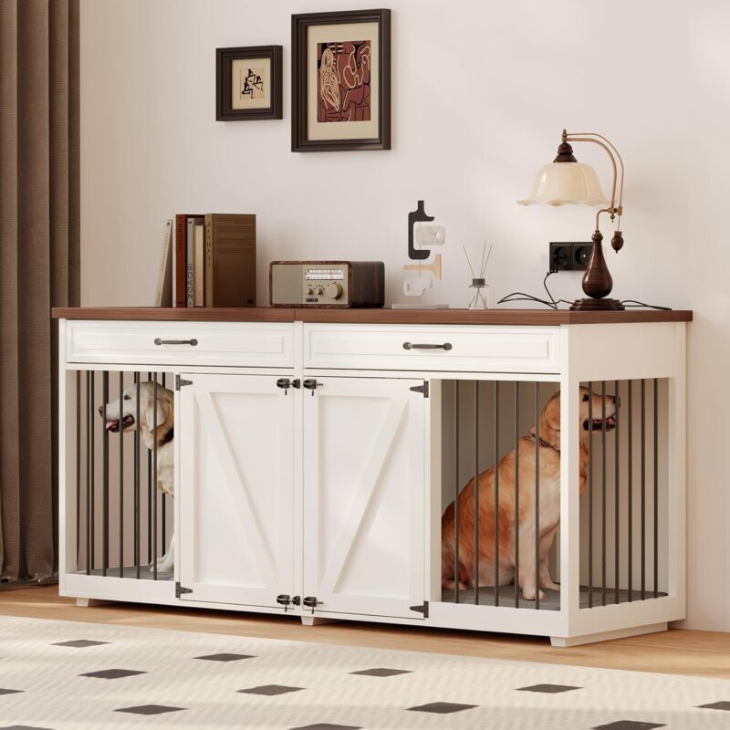 Dog Crate Furniture - Indoor Wooden Dog Kennel Furniture with 2 Drawers & Room Divider - 72"" L x 23.6"" W x 34"" H - White