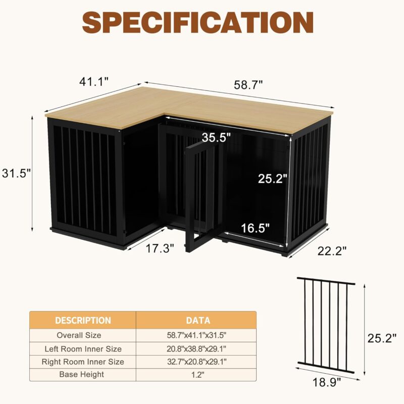 Lovinouse Corner Dog Crate Furniture for 2 Dogs, Indoor Wooden Furniture Style Heavy Duty Large Dog Kennel House with Double Rooms & Divider for Large & Medium Dogs, Black - Image 2