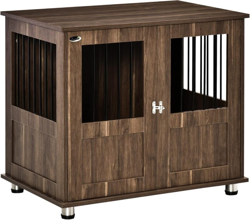 PawHut Dog Crate Furniture, Wooden End Table Furniture with Lockable Magnetic Doors, Small & Medium Size Pet Kennel Indoor Animal Cage, Brown