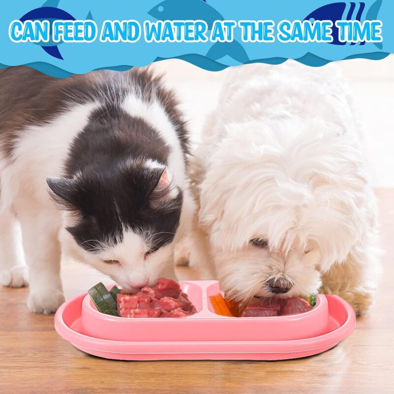 2 Pieces Cat Food Bowls Basic Dog Bowls Plastic Double Pet Food Water Bowls Feeding Bowl Tray Cat Eating and Drinking Bowl No Spill for Cats Dogs Pets, Pink and Light Blue (Small) - Image 4