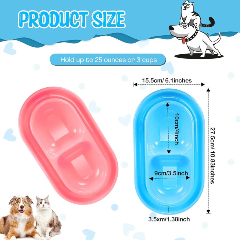 2 Pieces Cat Food Bowls Basic Dog Bowls Plastic Double Pet Food Water Bowls Feeding Bowl Tray Cat Eating and Drinking Bowl No Spill for Cats Dogs Pets, Pink and Light Blue (Small) - Image 3