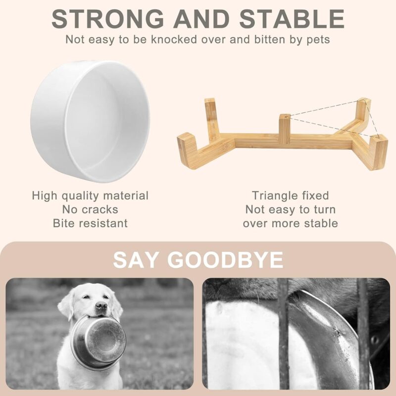 Ceramic Dog Bowl for Food and Water, Weighted Dog Bowls Set with Anti-Slip Wooden Stand, 400ml/14OZ Dog Dish Bowl Suitable for Small, medium and Large Sized Pets, White - Image 6