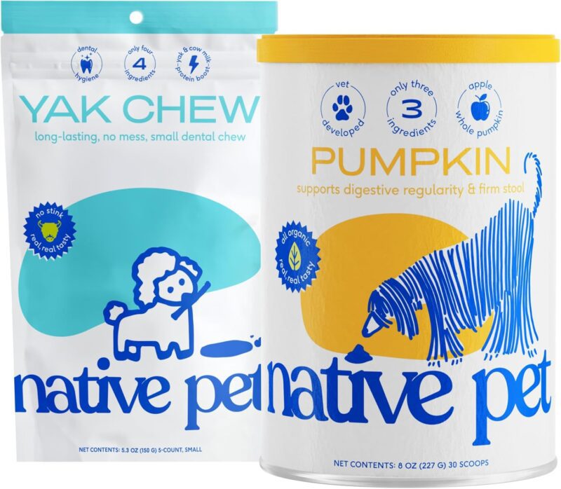 Native Pet Yak Chews for Dogs (5 Small Chews) & Organic Pumpkin for Dogs (8 oz.)