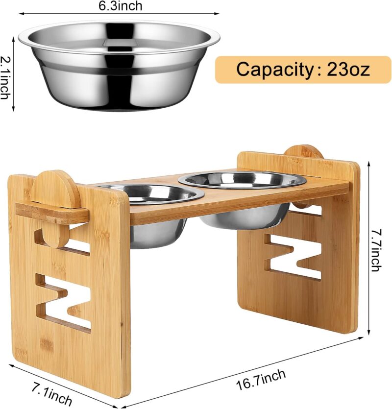 Elevated Dog Bowls, Adjustable Raised Tilted French Bulldog Food Water Bowl, Slanted Bamboo Pet Feeding Station with Stainless Steel Bowl for Small & Medium Dogs, Cat Kitten Flat Faced Puppy Feeder - Image 5