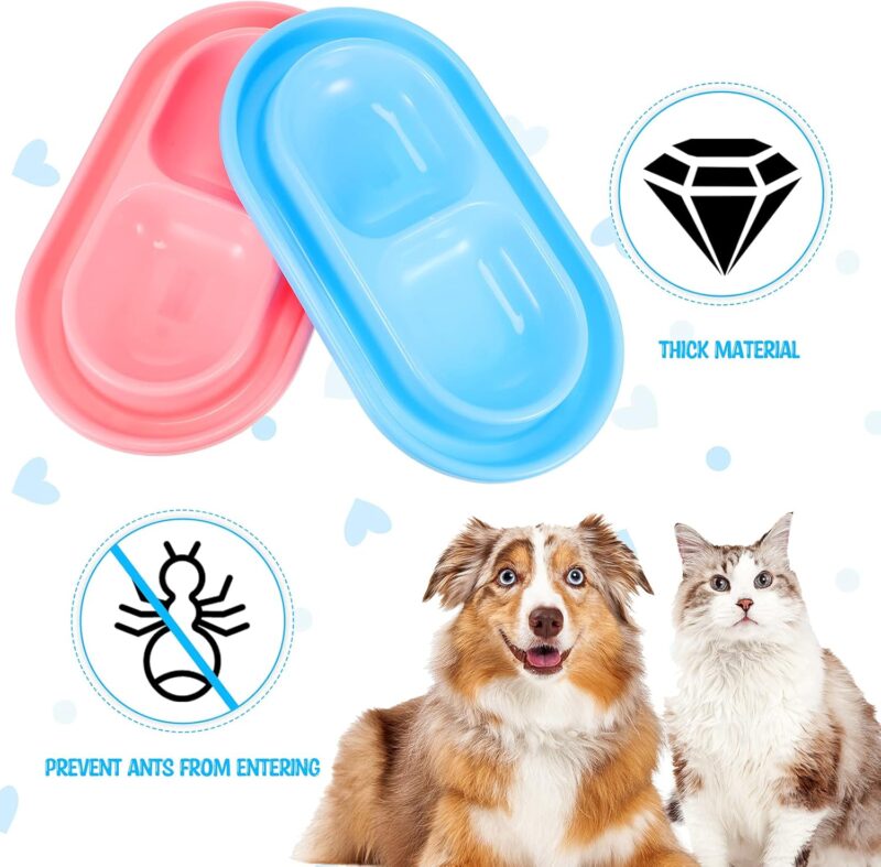 2 Pieces Cat Food Bowls Basic Dog Bowls Plastic Double Pet Food Water Bowls Feeding Bowl Tray Cat Eating and Drinking Bowl No Spill for Cats Dogs Pets, Pink and Light Blue (Small) - Image 2