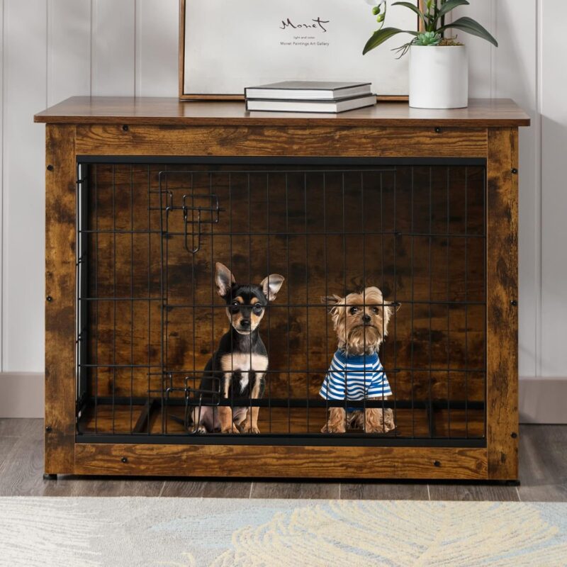 43” Dog Crate Furniture, Wooden Dog Kennel Indoor, Double Door Furniture Style Dog Cage with End Table, Removable Tray for Medium/Large Dogs - Image 6