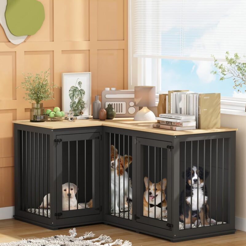 Lovinouse Corner Dog Crate Furniture for 2 Dogs, Indoor Wooden Furniture Style Heavy Duty Large Dog Kennel House with Double Rooms & Divider for Large & Medium Dogs, Black - Image 6