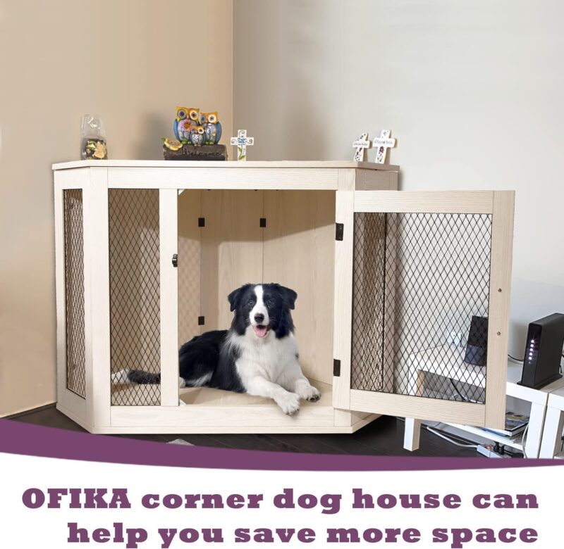 OFIKA Corner Dog Crate Furniture, Wooden Corner Dog Kennel Side End Table with Metal Mesh,Indoor Pet Crates Corner Side Table for Small Medium Large Dogs (White, 23.6" D x 44" W x 26.4" H) - Image 2