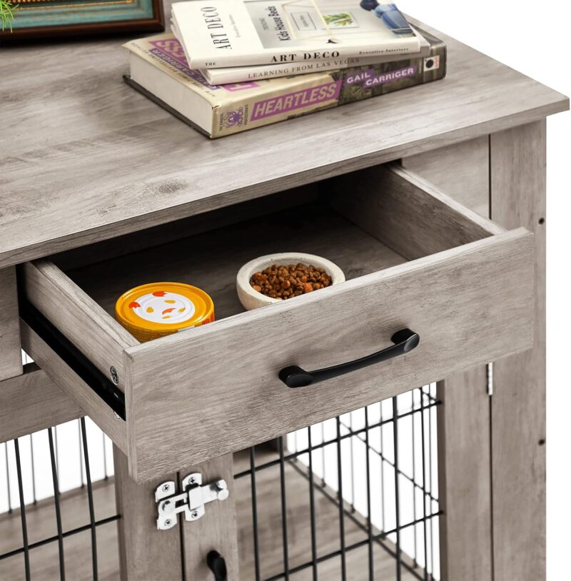 KIVENJAJA Furniture Style Dog Crate End Table for Small to Medium Dogs, Wooden Dog Kennel with Drawer & Double Doors, Decorative Dog House Pet Cage Indoor Use, Weathered Grey - Image 6