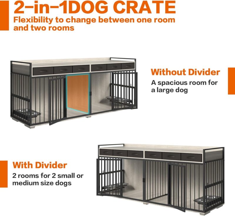 Double Dog Crate Furniture for 2 Dogs,86.6 inch Extra Large Metal Heavy Duty Dog Crate Kennel Furniture with 6 Drawers,Removable Divider and Adjustable Bowls,Chew-Resistant Dog Crate Indoor - Image 3