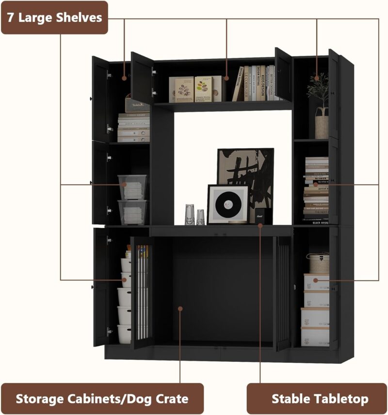 Lovinouse Dog Crate Furniture with Storage Shelves for Large Medium Breed Dogs, 78.7 Inch Tall Indoor Dog Kennel House, Furniture Style Dog Crate Storage Cabinet, Black - Image 5