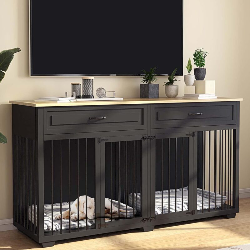 Lovinouse Furniture Style Dog Crate with Double Room, Wooden Dog Kennel with Double Doors and Removable Divider, Dog House Side End Table for Small Medium Large X-Large Dogs(Black + Wood) - Image 8