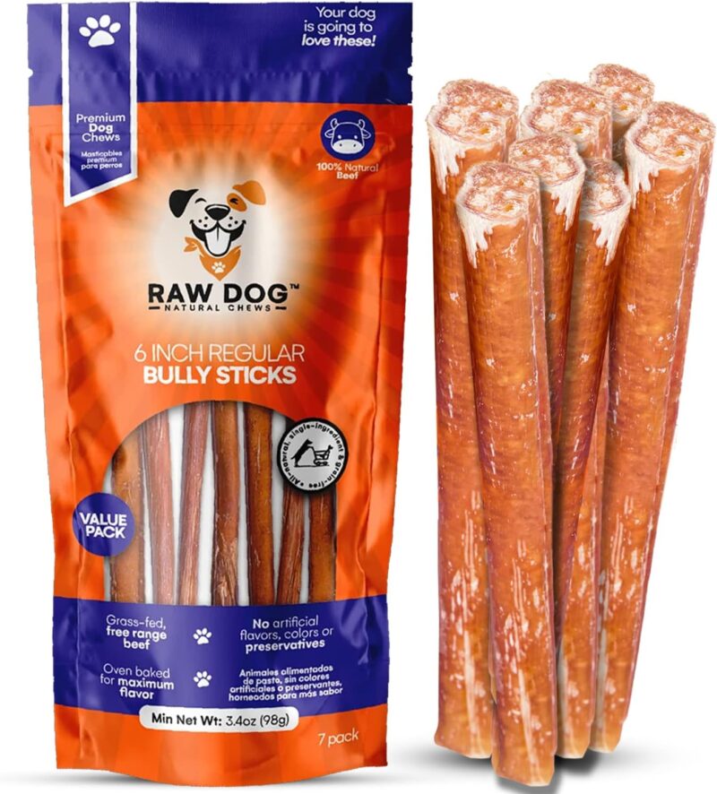 Raw Dog Bully Sticks All-Natural Dog Treats, 6IN Regular Size, 7pk - Premium Odor Free Dog Chews, 100% Beef, Grass Fed, Non-GMO