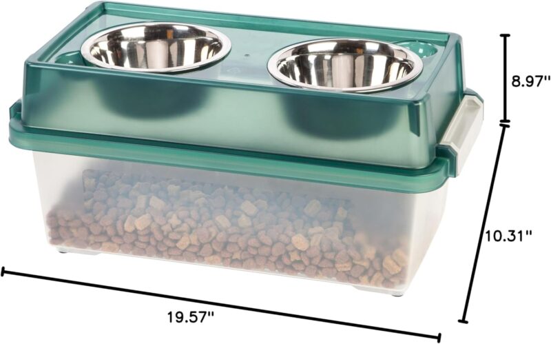 IRIS USA 13 Lbs /12 Qt (9"H) Medium Elevated Feeder with WeatherPro Airtight Pet Food Storage Container, Dry Food Bin with Removable Dog Bowls in Lid, At Home or Camping Pet Food Container, Green - Image 10