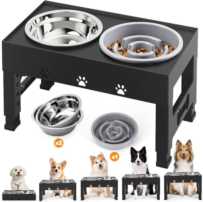 Elevated Dog Bowls with 1 Slow Feeder and 2 Stainless Steel Bowls 5 Heights Adjustable Raised Dog Bowl Stand for Medium Large Dogs,Non-Slip Dog Feeder Adjusts to 3.1”, 9”, 10”, 11”, 12”