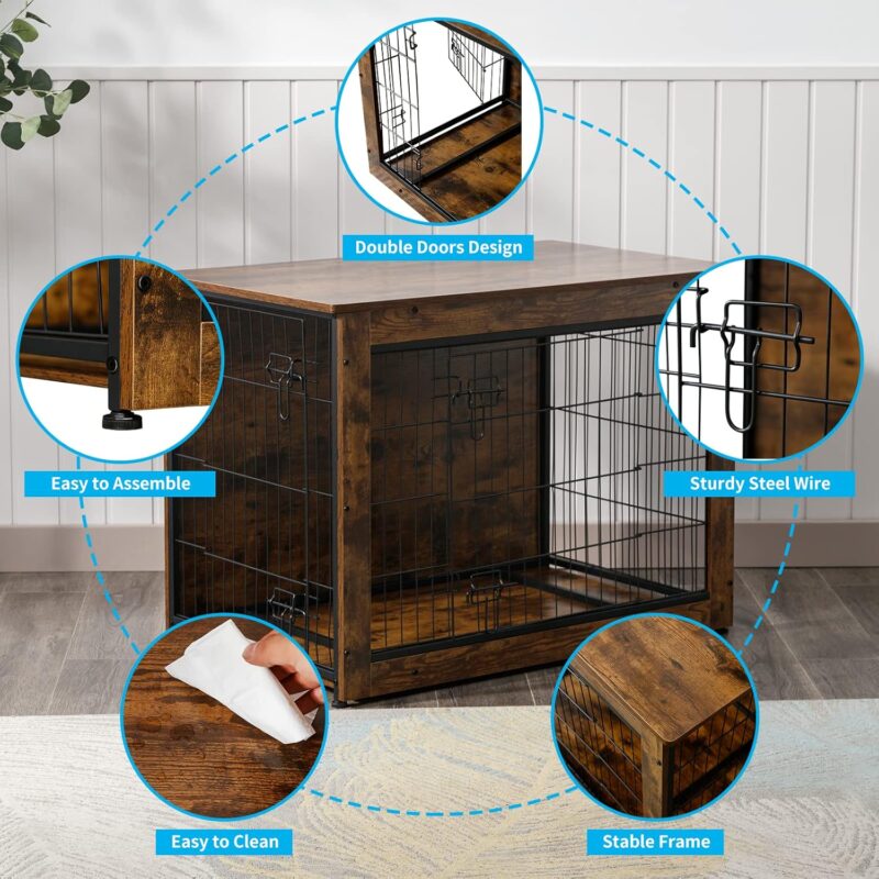 43” Dog Crate Furniture, Wooden Dog Kennel Indoor, Double Door Furniture Style Dog Cage with End Table, Removable Tray for Medium/Large Dogs - Image 5