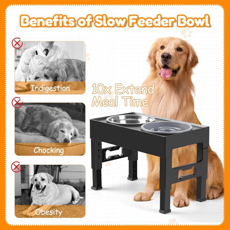 Elevated Dog Bowls with 1 Slow Feeder and 2 Stainless Steel Bowls 5 Heights Adjustable Raised Dog Bowl Stand for Medium Large Dogs,Non-Slip Dog Feeder Adjusts to 3.1”, 9”, 10”, 11”, 12” - Image 7