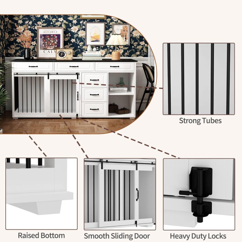 Extra Large Funiture Style Dog Crate with Drawers & Shelves, 72.5" Luxury Wooden Heavy Duty Single Room Dog Kennel Furniture w/Sliding Door, Indoor Dog House TV Stand, White - Image 4