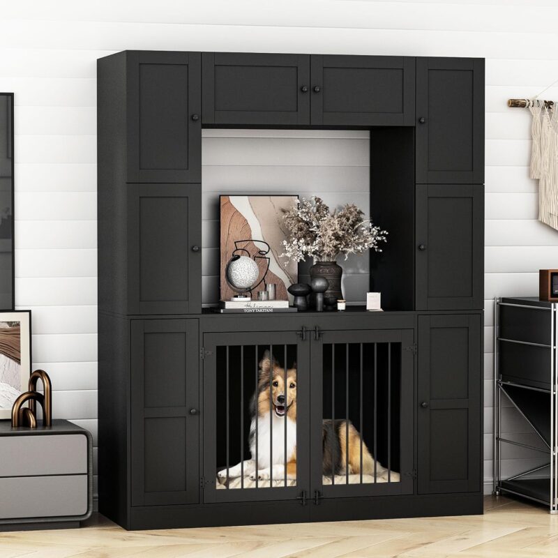 Lovinouse Dog Crate Furniture with Storage Shelves for Large Medium Breed Dogs, 78.7 Inch Tall Indoor Dog Kennel House, Furniture Style Dog Crate Storage Cabinet, Black - Image 2