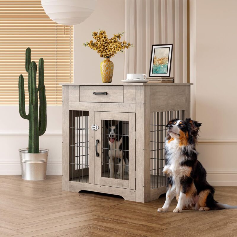 Dog Crate Furniture, 30 inch Wooden Dog Kennel with Storage Drawer and Double Doors, Heavy Duty Indoor Dog House for Small Medium Dogs, Chew-Resistant Dog Cage End Table, Grey