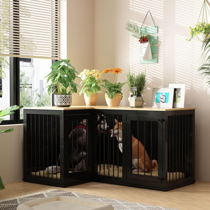 Lovinouse Corner Dog Crate Furniture for 2 Dogs, Indoor Wooden Furniture Style Heavy Duty Large Dog Kennel House with Double Rooms & Divider for Large & Medium Dogs, Black - Image 7