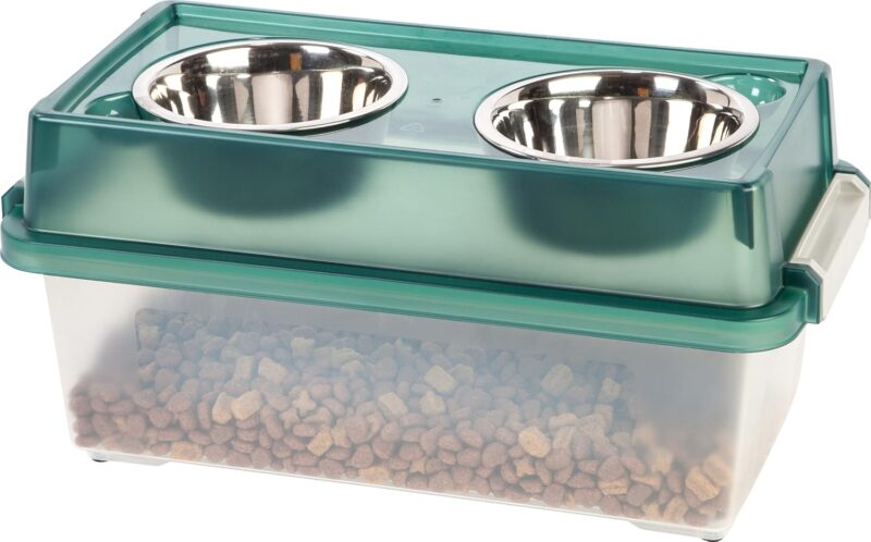 IRIS USA 13 Lbs /12 Qt (9"H) Medium Elevated Feeder with WeatherPro Airtight Pet Food Storage Container, Dry Food Bin with Removable Dog Bowls in Lid, At Home or Camping Pet Food Container, Green