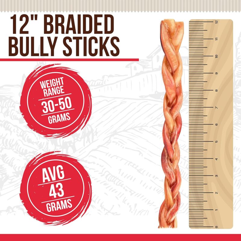 Braided Bully Sticks - 100% Natural Grass-Fed Beef Odor and Rawhide Free for All Breed Sizes Dogs and Puppies Fully Digestible Detal Treat Long Lasting Pizzle Chews 12 inch (3 Count)