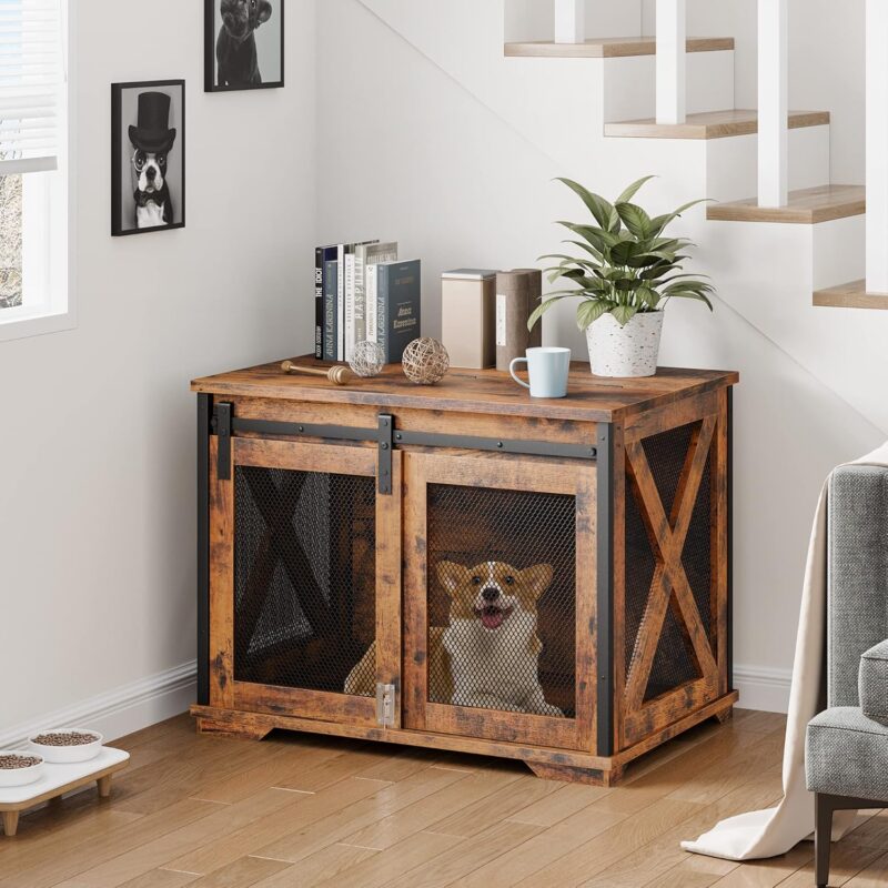 IDEALHOUSE 37'' Sliding Barn Door Dog Crate Furniture with Flip Top and Movable Divider, Wooden Dog Crate Table, Dog Kennel Side End Table, Rustic Brown - Image 3