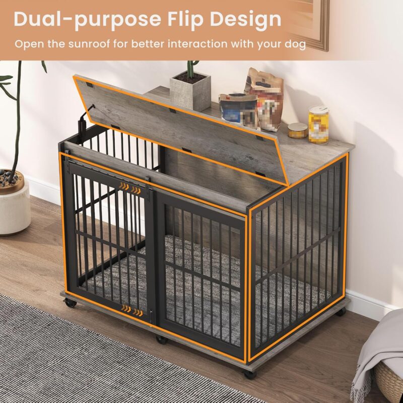 43.7'' Dog Crate Furniture with Cushion for Medium to Large Pets, Wooden Cage End Table, Heavy Duty Indoor Puppy Kennel with Flip-up Top and Sliding Door, Grey - Image 2