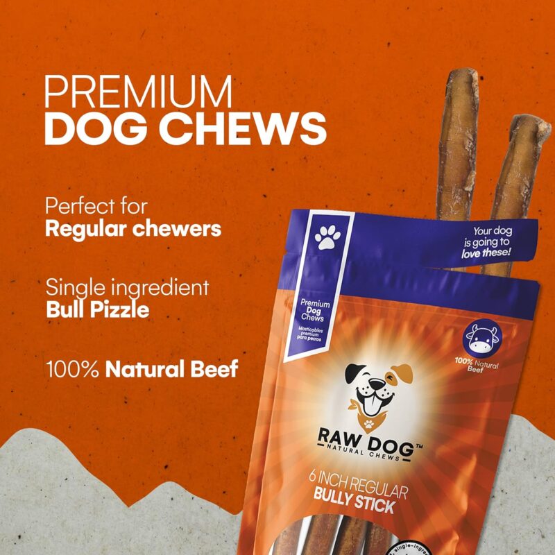 Raw Dog Bully Sticks All-Natural Dog Treats, 6IN Regular Size, 7pk - Premium Odor Free Dog Chews, 100% Beef, Grass Fed, Non-GMO - Image 7